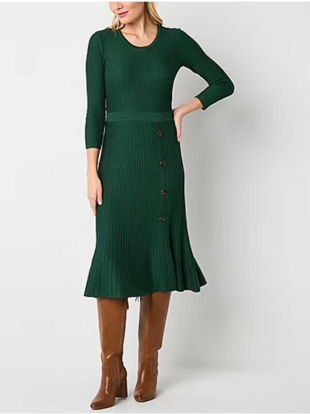 Studio One Hunter Green Ribbed Sweater Midi Dress